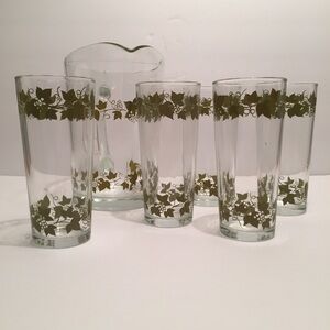 Vintage Hazel Atlas Continental Can Company Pitcher & 5 Tumbler Glasses